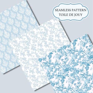 Blue Toile de jouy floral seamless pattern digital paper, chinoiserie french toile baby shower wedding bridal party junk journal png bundle