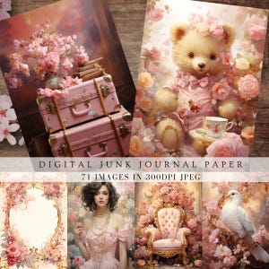 Vintage pink scrapbook junk journal filler pages, retro french nostalgic, floral, nature, animal, ephemera digital paper, porch prints