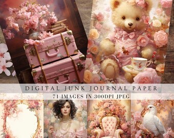 Vintage roze plakboek ongewenste dagboekvullerpagina's, retro Frans nostalgisch, bloemen, natuur, dier, kortstondig digitaal papier, veranda-afdrukken