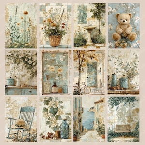 May include: A collage of watercolor paintings featuring vintage scenes. The images include a teddy bear, flowers, a fountain, a bicycle, a rocking chair, and a coastal street scene. The color palette is soft, with muted blues, greens, and browns.