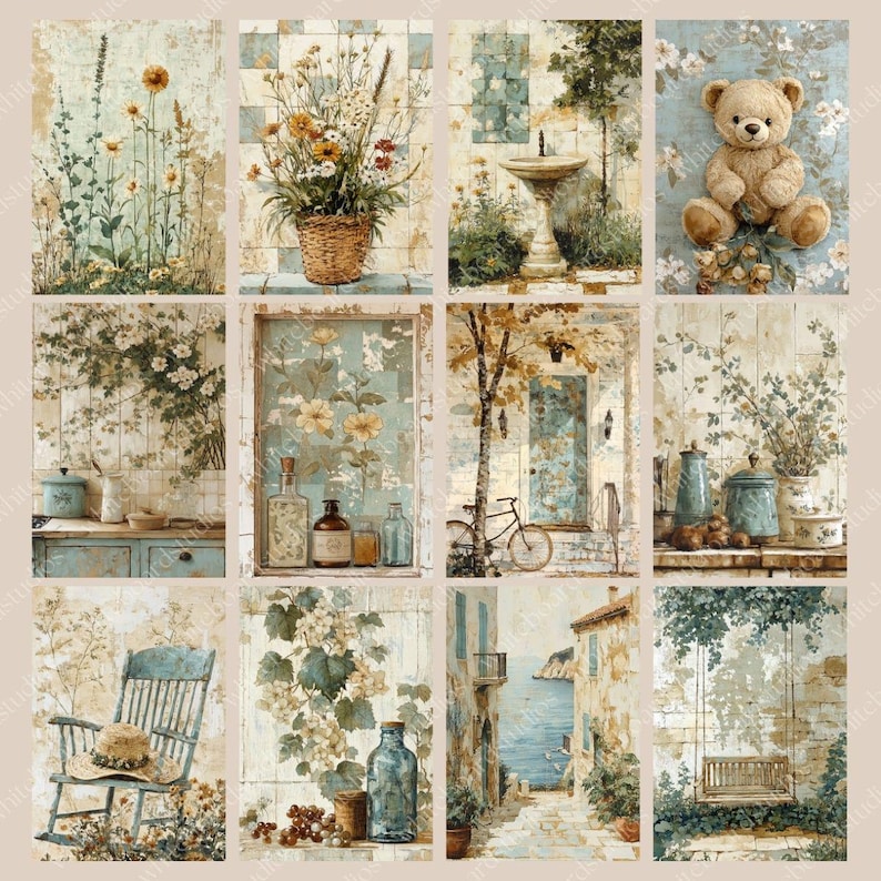 May include: A collage of watercolor paintings featuring vintage scenes. The images include a teddy bear, flowers, a fountain, a bicycle, a rocking chair, and a coastal street scene. The color palette is soft, with muted blues, greens, and browns.