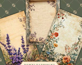 Vintage floral junk journal scrapbook filler pages, distressed shabby chic, nostalgic, botanical, printable paper for decoupage craft cards