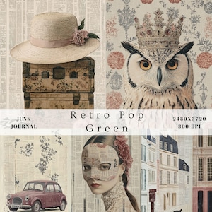 Vintage grün beige rosa Junk Journal, Retro Pop floral botanische französisch Mixed Media Collage, Ephemera Scrapbook digitales Papier