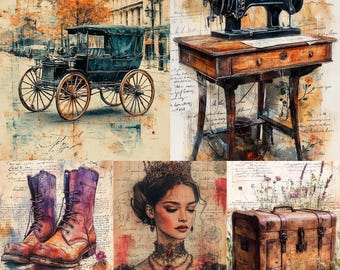 Vintage dark academia scrapbook junk journal wall art pages, retro gothic, old english, nature, landscape, animal, ephemera digital paper