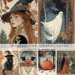 Journal indésirable Halloween page de scrapbooking vintage citrouille chauve-souris gothique sorcière chaudron vampire chat noir charges imprimables numériques porche