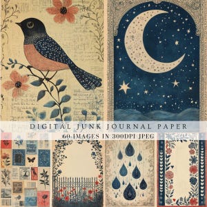 Carta da scrapbooking vintage con decori blu, pagine botaniche, strisce di bordo, effimere, a righe, floreali, farfalle, stampe da veranda