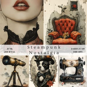 Diario vintage steampunk, nostalgia shabby chic futuristica retrò, vecchio inglese, corvo, ingranaggi, corona, carta digitale per scrapbooking effimera