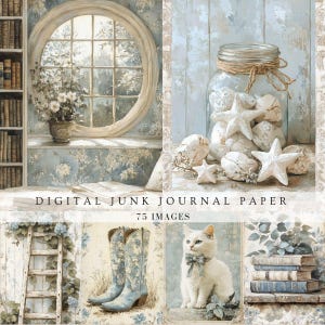 Pages d'art mural de scrapbooking pour journal de bordel de cottage bleu, vintage shabby chic, cottage, floral, botanique, papier imprimable de cartes postales éphémères