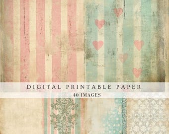 Vintage pink and mint junk journal paper, distressed cottage shabby chic, antique distressed filler pages for scrapbook, digital printable
