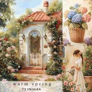 Arte murale con diario di scrapbooking primaverile caldo, cottage shabby chic retrò, floreale, fattoria, natura, paesaggio, animale, carta digitale effimera