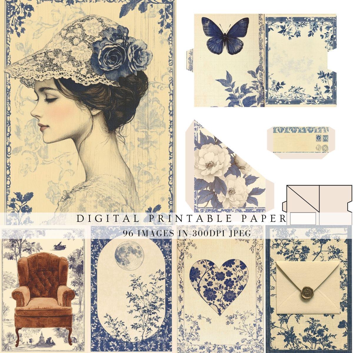 Vintage Toile De Jouy Blue Scrapbook Junk Journal Pages Add on Kit ...