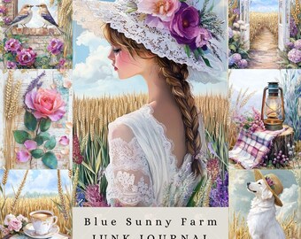 Blue sunny farm junk journal scrapbook printable pages, digital farm animal country life decoupage paper, countryside shabby chic flowers
