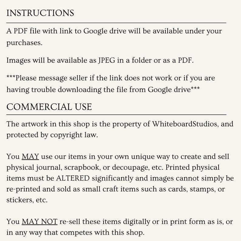 May include: Text document with instructions for digital artwork use. Includes details on file formats, commercial use, and copyright information. The document states that the artwork is the property of WhiteboardStudios.