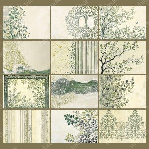 May include: A collection of twelve decorative art prints featuring botanical and nature-inspired designs. Each print showcases a unique composition of green foliage, trees, and abstract patterns on a cream-colored background. The prints vary in style, from detailed illustrations to more abstract representations.