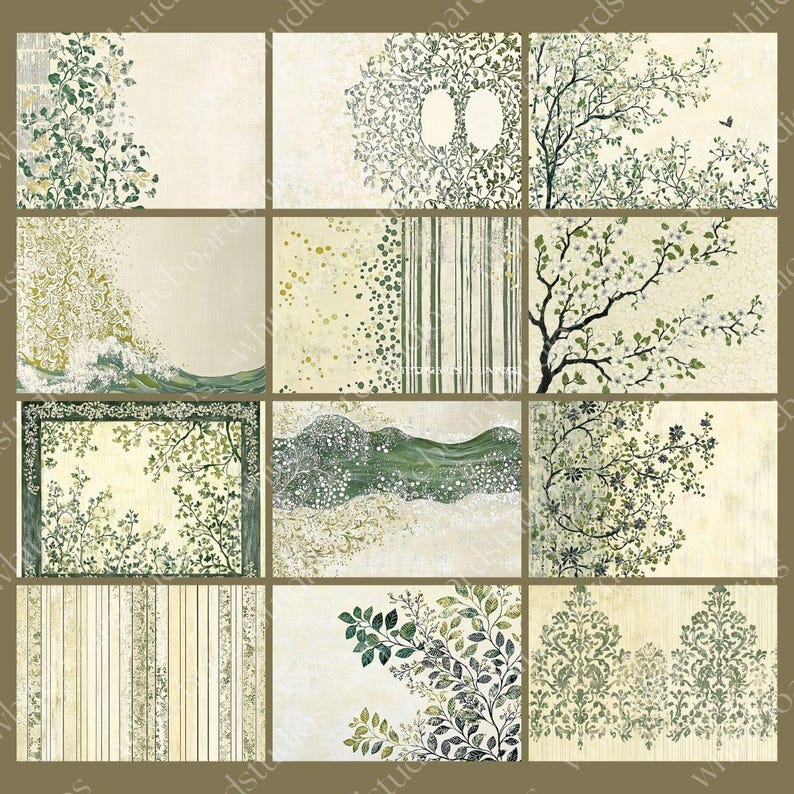 May include: A collection of twelve decorative art prints featuring botanical and nature-inspired designs. Each print showcases a unique composition of green foliage, trees, and abstract patterns on a cream-colored background. The prints vary in style, from detailed illustrations to more abstract representations.