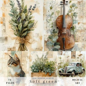 Pagine di scrapbooking da parete con diario di erbe verdi, vintage rustico, erboristico, natura, animali, floreale, botanico, carta digitale stampabile effimera