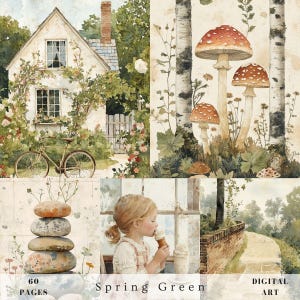 Boho Frühling grünes Vintages Scrapbook und Junk Journal, Retro Cottage Landschaft, Ozean, Tier, Landschaft, Blumen, Ephemera digitales Papier