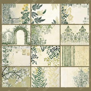 May include: A collection of twelve botanical-themed digital papers. Each paper features a unique design with floral and leaf patterns in shades of green, white, and yellow against a cream-colored background. The designs include arches, branches, and decorative borders.