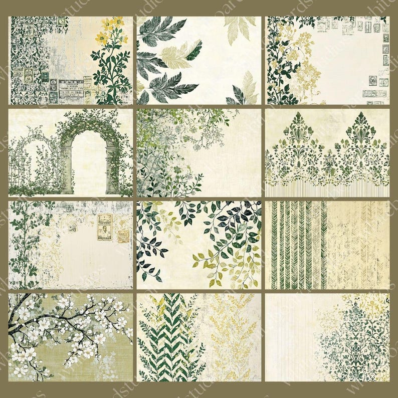 May include: A collection of twelve botanical-themed digital papers. Each paper features a unique design with floral and leaf patterns in shades of green, white, and yellow against a cream-colored background. The designs include arches, branches, and decorative borders.