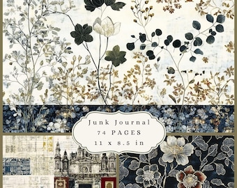May include: A junk journal with 74 pages, measuring 11 x 8.5 inches. The cover features botanical illustrations in muted tones of green, brown, and white, with a dark blue floral border. Additional pages showcase architectural and floral designs.