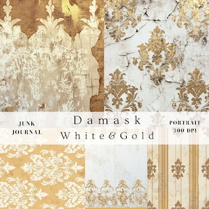 May include: Four digital paper textures featuring a white and gold damask pattern. The papers are labeled "Junk Journal" and "Portrait 300 DPI".