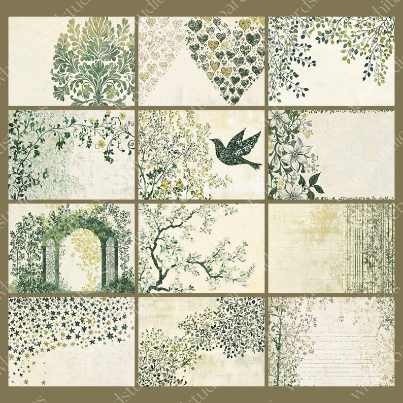 May include: A collection of twelve rectangular cards with various nature-themed designs. The cards feature illustrations of leaves, trees, flowers, and a bird in shades of green and gold on a cream background. Some cards have a vintage, textured appearance.