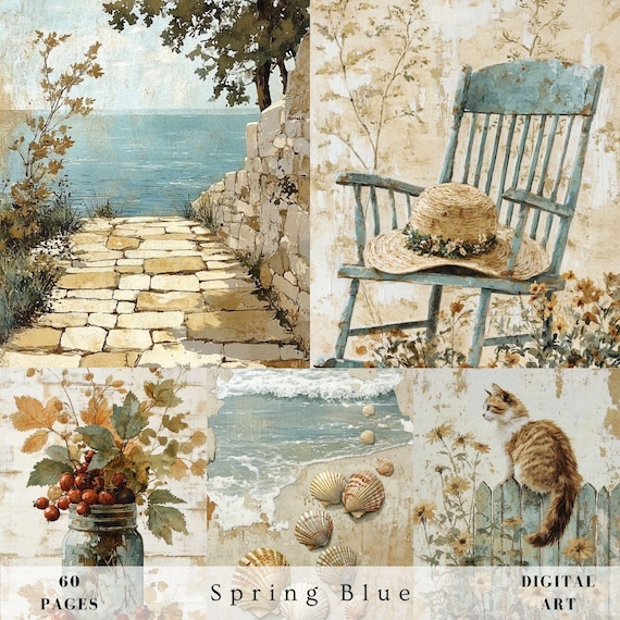 Boho spring blue vintage scrapbook and junk journal, retro cottage countryside, ocean, animal, landscape, floral, ephemera digital paper