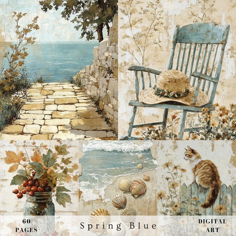 May include: A digital art collage with a coastal theme. It features a stone path leading to the sea, a blue rocking chair with a straw hat, a jar of berries, seashells, and a cat on a fence. The text "Spring Blue" is visible.