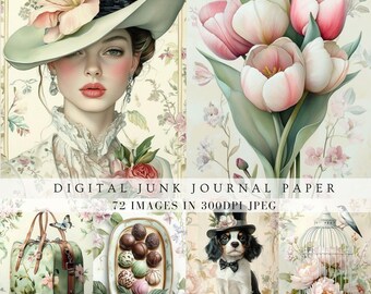 Op de afbeelding: Digitaal junk journal papier met vintage illustraties. De collage bevat een vrouw met hoed, tulpen, een hond met hoge hoed, een koffer, chocolaatjes en een vogelkooi. De tekst luidt "DIGITAL JUNK JOURNAL PAPER". 72 afbeeldingen in 300DPI JPEG.