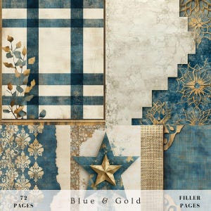 May include: A digital paper pack with 72 pages of blue and gold patterned designs. The patterns include a blue and white gingham, a gold star on a blue background, a blue and gold damask pattern, and a blue and gold floral pattern. The text "Blue & Gold" is printed on the paper pack.