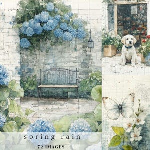 Arte murale con diario di scrapbooking blu pioggia primaverile, cottage shabby chic retrò, floreale, fattoria, natura, paesaggio, animale, carta digitale effimera