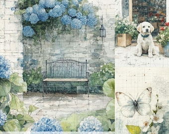 Frühlingsregen, blau, Scrapbook, Junk Journal Wall Art, Retro Shabby Chic Cottage, Blumen, Bauernhof, Natur, Landschaft, Tier, Ephemera, digitales Papier