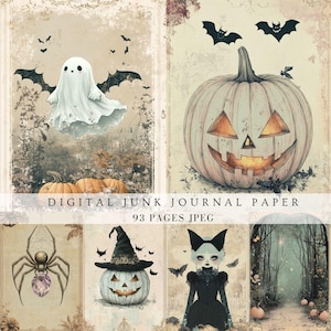 Journal indésirable Halloween page de scrapbooking vintage fantôme mignon citrouille orange chauve-souris gothique sorcière carte de vœux invitation de remplissage numérique imprimable