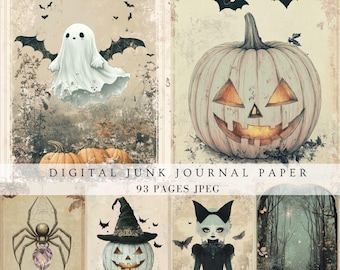 May include: Digital junk journal paper with Halloween-themed illustrations. Includes a ghost, jack-o'-lanterns, bats, a spider with a purple gem, a witch pumpkin, and a gothic doll. The text reads "DIGITAL JUNK JOURNAL PAPER" and "93 PAGES JPEG".