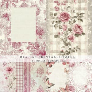 Pagine di riempimento rosa classiche vintage per scrapbooking di junk journal, strisce, collage misto, pois, motivi botanici e floreali, stampabili digitalmente