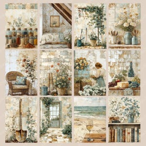 May include: A collage of watercolor paintings depicting various scenes. These include a bedroom, garden tools, flowers in vases, a beach scene with a glass of wine, and a shelf of books. The color palette is soft, with muted tones.