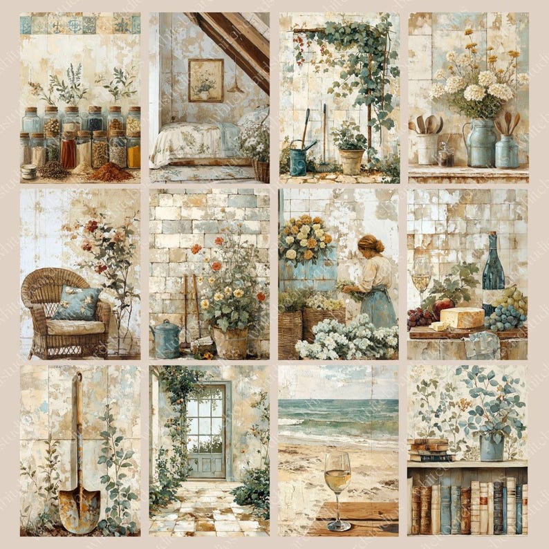 May include: A collage of watercolor paintings depicting various scenes. These include a bedroom, garden tools, flowers in vases, a beach scene with a glass of wine, and a shelf of books. The color palette is soft, with muted tones.
