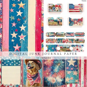 Independence day junk journal, fourth of july, patriotic  scrapbook pages, tags, folios, cards, printable ephemera, digital printable paper