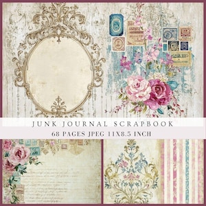 Papier de journal rose orné, shabby chic vintage, cottage, album de pages de remplissage en détresse antique, carte d'invitation imprimable numérique