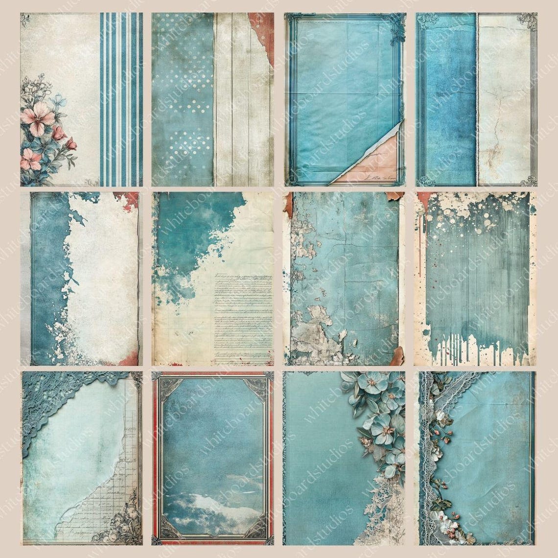Vintage Faded Blue Pink Junk Journal Filler Pages, Shabby Chic ...
