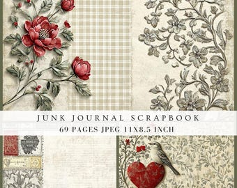Ornate red floral junk journal paper, vintage shabby chic cottage antique distressed filler pages for scrapbook, digital printable