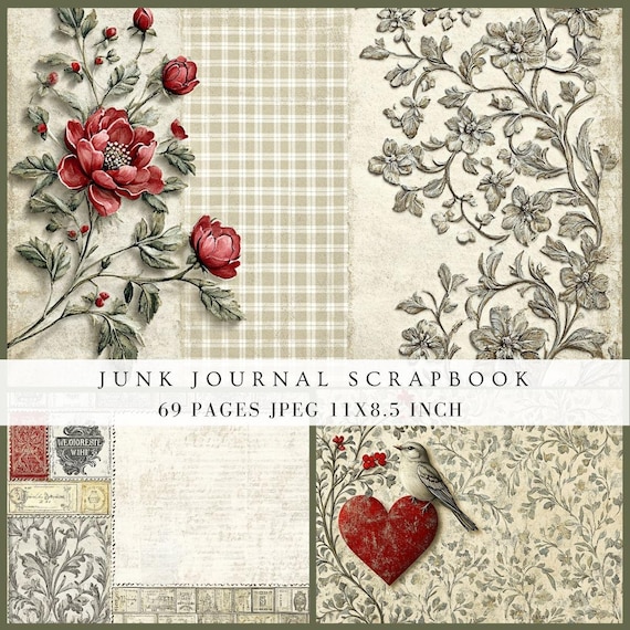 junkjournal【antique Red】 Ornate Red Floral Junk Journal Paper, Vintage Shabby Chic