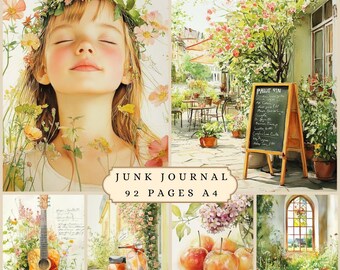 Sunny vintage scrapbook junk journal page, retro cottage countryside floral ephemera digital filler paper, decoupage invitation post cards