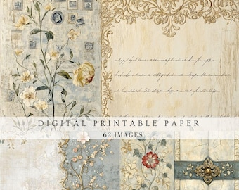 Pastel ornate grey gold junk journal paper, vintage shabby chic, cottage, antique distressed filler pages for scrapbook, digital printable