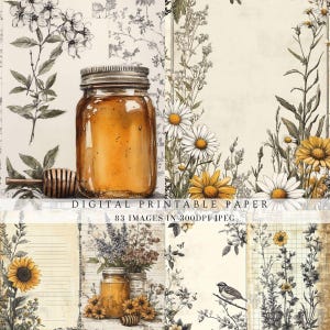 Pagine di scrapbooking vintage con tema estivo "miele spazzatura", girasole, shabby chic, nostalgico, floreale, botanico, cartoline effimere, carta stampabile