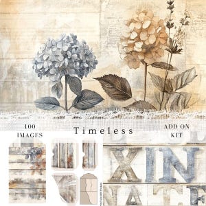 Pagine di riempimento vintage senza tempo, kit aggiuntivo per scrapbooking, diario spazzatura, arte murale, etichette, buste, folio, carta da parati digitale floreale e botanica