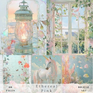 Eteriskt rosa hav skräpjournalsidor scrapbooking väggkonst, nautisk, djur, landskap, blommig, botanisk, ephemera utskrivbart digitalt papper