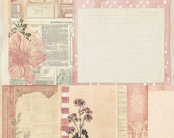 Ongewenste dagboek pastelroze vulpagina's, vlinder, horizontale armoedige antieke bloemenachtergrond, digitaal papier afdrukbaar plakboek verandaprints