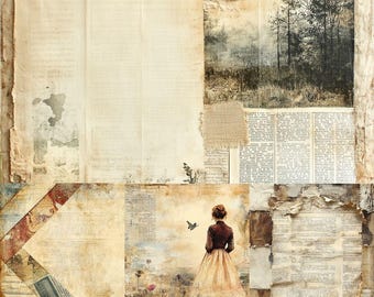 Junk journal vintage filler pages, newspaper, patterns, grunge antique distressed background digital paper printable scrapbook, porch prints