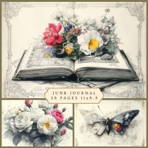 May include: An open book with a floral arrangement of red, white, and yellow flowers. The image includes a butterfly and a bouquet of white and pink roses. Text reads "Junk Journal 28 pages 11x8.5".